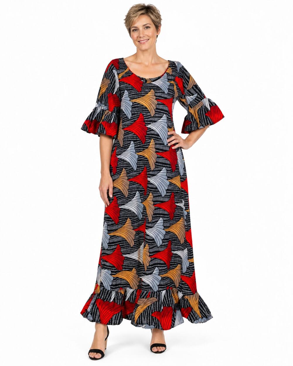 African Ankara Style Maxi Dress Large 42" Bust Telephone Print Ruffle Hem